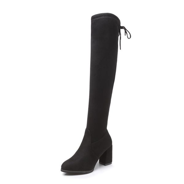 

new flock leather women over the knee boots lace up high heels women shoes lace up winter boots warm size 35-40, Black