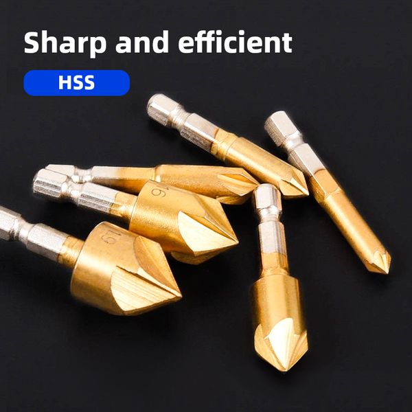 

6pcs chamfer countersink 1/4" hex shank hss drill bit chamfering cutter titanium coated for wooden planks countersink drill bit