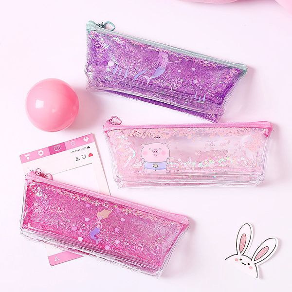 

high capacity pencil bag kawaii quicksand mermaid pencil case cute pig transparent pencilcase for girls pen box school supplies
