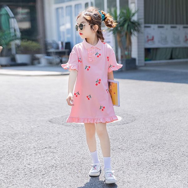 

short sleeve kids girl green pink cherry t shirt dress with cherry fashion girl cute style cotton oversized tshirt dress for kid, Red;yellow
