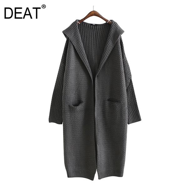 

deat] 2019 new spring fashion loose long sleeve hooded split joint pocket knitting cardigan casual sweater woman bl81, White