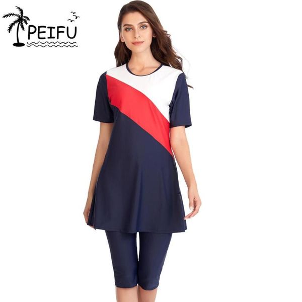 

peifu muslim swimwear women modest patchwork full cover short sleeve swimsuit islamic hijab islam burkinis wear bathing suit