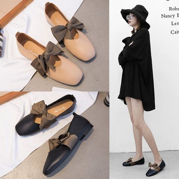 

flat shoes female summer new bow shallow mouth square head grandmother shoes single, Black