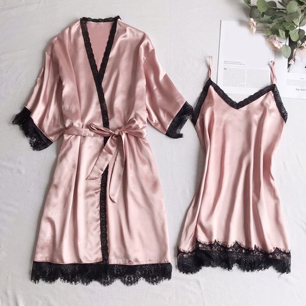 

2019 new fashion uk women lace lingerie nightwear kimono robe babydoll lace solid sleepwear dress set, Black;red