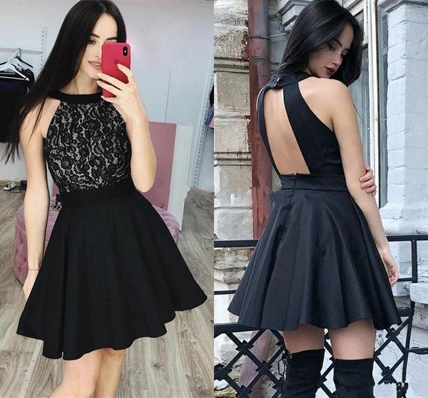 

setwell black halter a-line cocktail dresses sleevelesss backless lace appliques knee length pleated homecoming party gowns