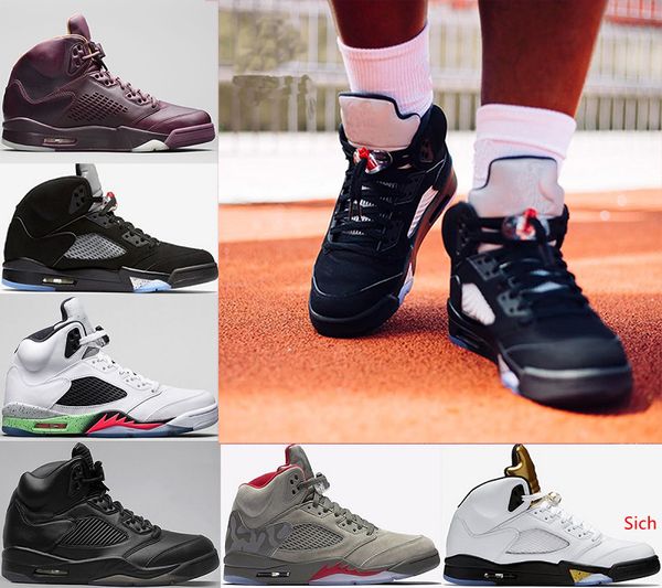 

man basketball shoes 5 5s sneaker athletic fire red blue suede og black metallic casual sports shoes trainer