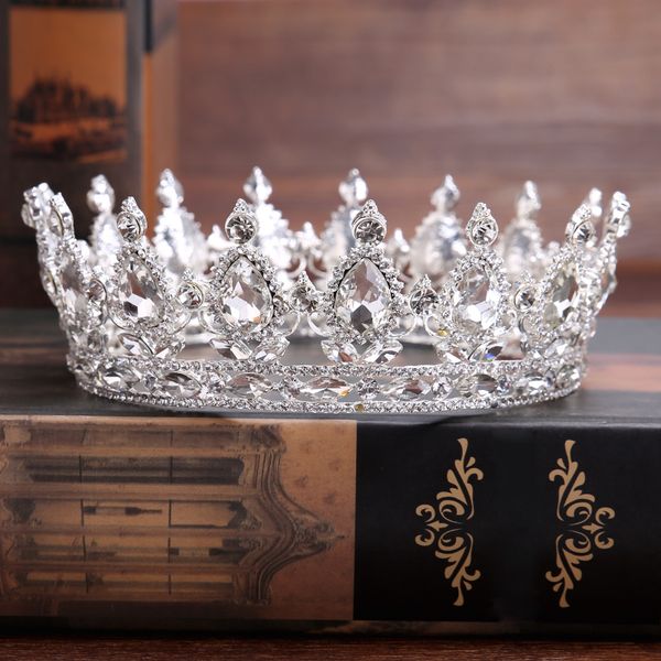 

round big silver vintage crystal crown for bride rhinestones tiara hair accessories for party queen wedding hair jewelry, Golden;white
