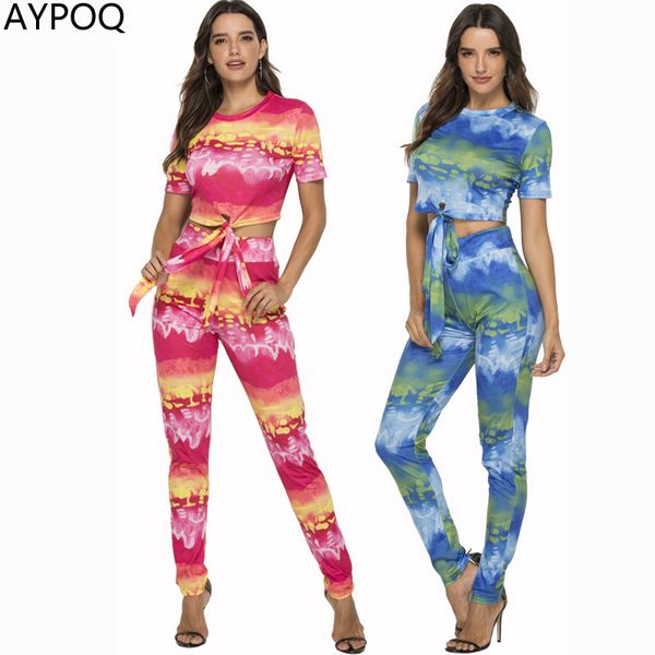 

aypoq women two piece outfits bandage crop tie-dyed print bodycon long pencil pants sweatsuits matching set tracksuits, White