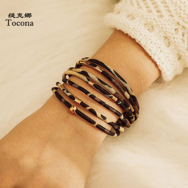 

tocona punk multi-layer leopard leather bracelets fashion heavy metal bangles for women party jewelry accessories 8376, Black