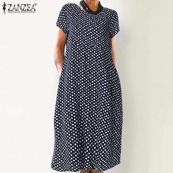 

zanzea vintage summer short sleeve polka dot printed dress women 2019 office work vestido casual party sundress robe femme tunic, Black;gray