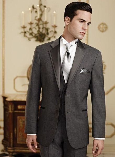 Brand New Dark Cinza Noivo TuxeDos Notch Groomsmen Mens Vestido de Noiva Estilo Homem Jaqueta Blazer 3 peças Terno (jaqueta + calça + colete + gravata) 862