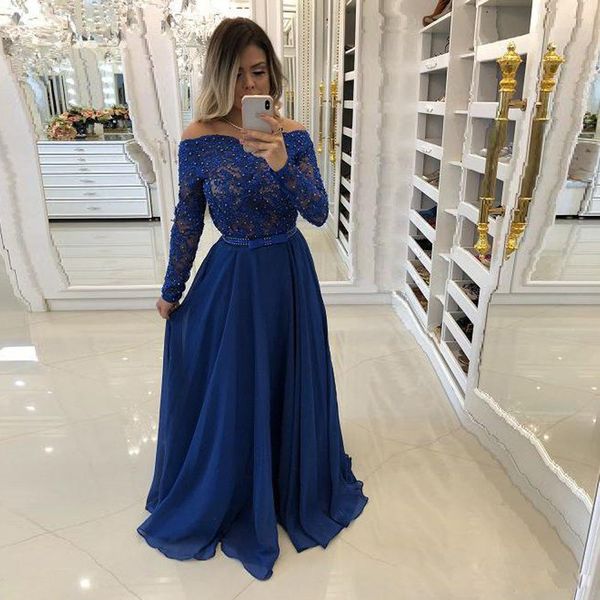 

charming royal blue evening dresses sheer neck full sleeve with sequined party gowns draped chiffon evening dress plus size, White;black
