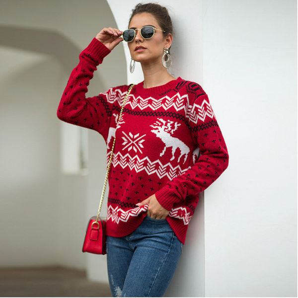 

2019 christmas knitting jacquard sweater women long sleeve sleeve round neck pull femme autumn winter clothes, White;black