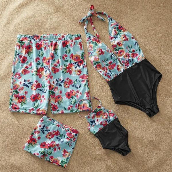 

family swimsuits flower print matching swimwear mother daughter bath suits mommy and me clothes outfits look dad son swim trunks, Blue