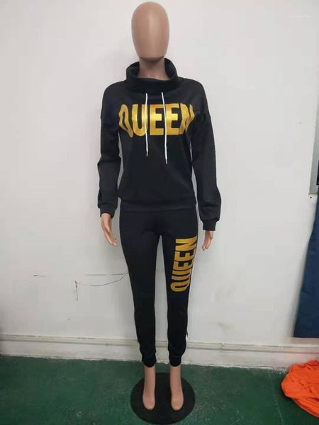 

tracksuits womens autmn hooded long sleeve solid color 2pcs suits sports style casual apparel queen letter print, Gray