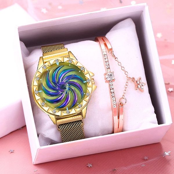 

women magnet buckle rotating flower watch bracelet set luxury ladies quartz watch relogio feminino for christmas gift, Black