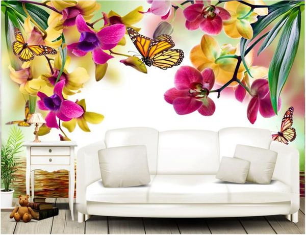 

3d wallpaper custom p mural beautiful romantic phalaenopsis reflection water flower butterfly sofa background wallpaper for walls 3 d