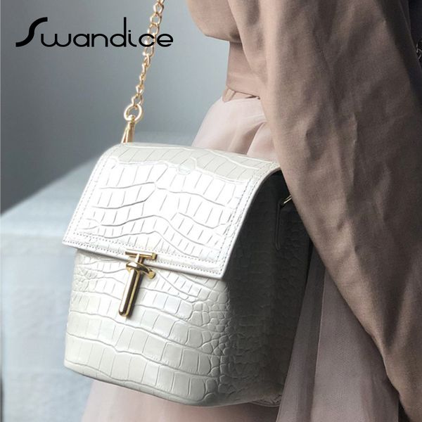 

100% real genuine natural cow leather vintage latc chain crocodile bucket crossbody messenger shoulder bags women female handbag