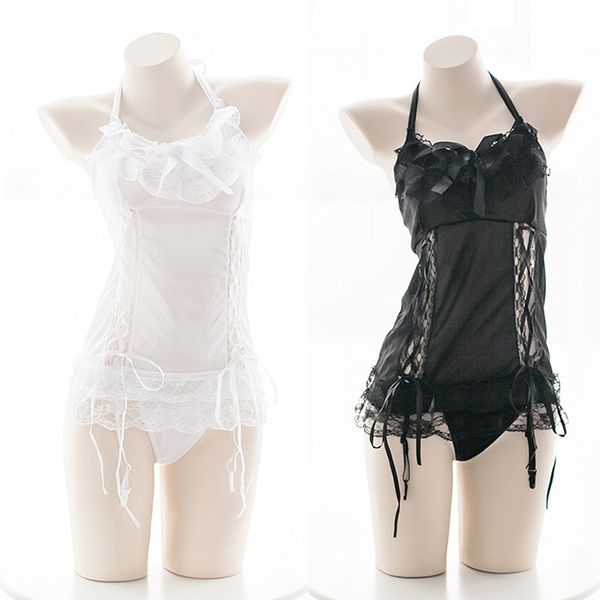 

japanese women lingerie sets girls student lace cross bandage cute bowknot halter sling nightdress soft sister pajamas sets, Black;red
