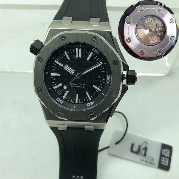 

u1 men mechanical automatic watch stainless steel sapphire glass 5 atm watch diving super luminous waterproof rubber watchband watches, Slivery;brown
