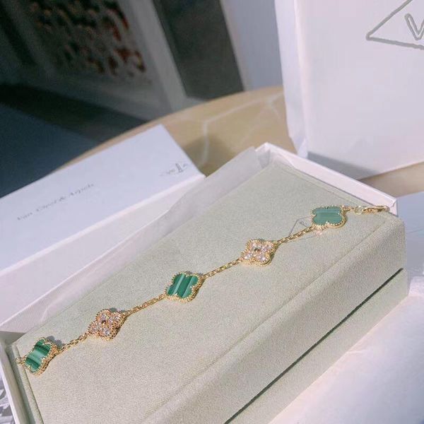

s925 pure silver bracelet five flowers with nature green malchite and diamonds colver for women wedding jewelry gift ps6289a, Black