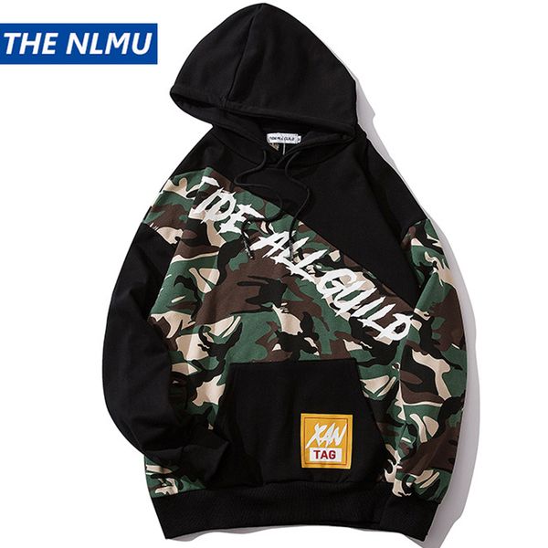 

hip hop hoodie men camouflage color patchwork pullover hoodies sweatshirts fashion printed streetwear men casual wo018, Black