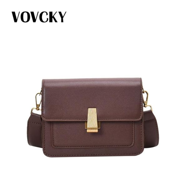 

solid color crossbody bags for women simple pu leather shoulder bags wide strap flap handbag retro fashion ladies messenger