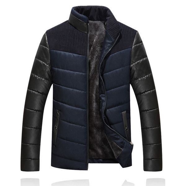 

winter men's jacket fleece thicken thermal coats casual stand collar warm spliced parkas coat mens brand clothing blue gray,1581, Black