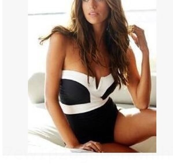 

one-piece v-neck color matching one-piece v-neck bikini swimsuit color matching bikini swimsuit, White;black