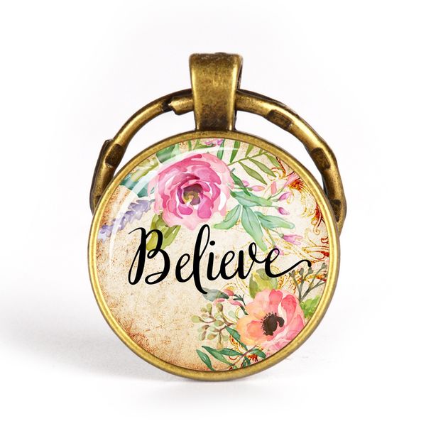 

believe hope fashion christian bible verse key chains holder charm bible psalm glass flower picture keychain men women gift, Slivery;golden