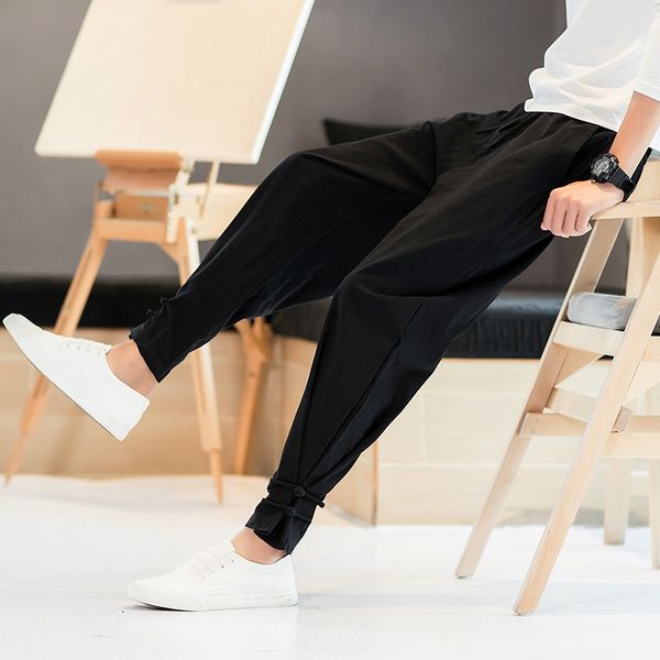 

2020 sinicism men's spring leisure haroun pants//male elastic waistline cotton linen casual trousers / plus size s-5xl, Black