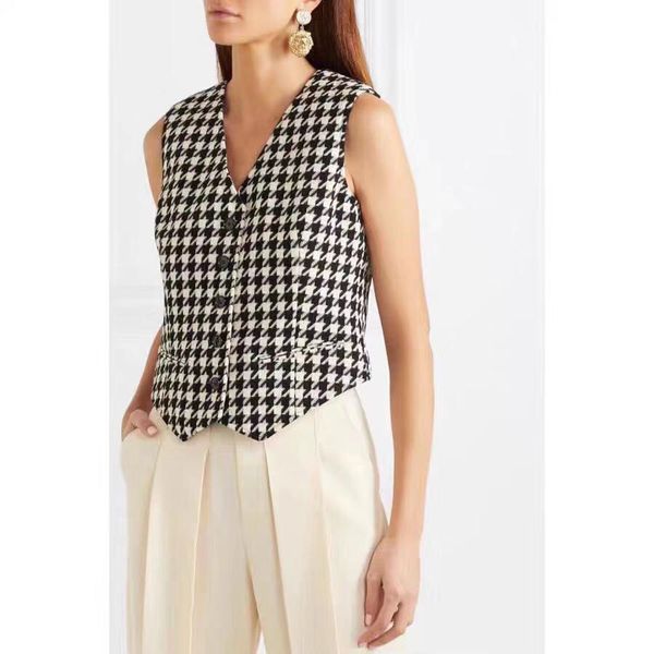 

11.20 женская мода новый урожай англии стиль плед хаундстут твид v-образным вырезом однобортный жилеты пальто подкладка цветы печати, Black;white