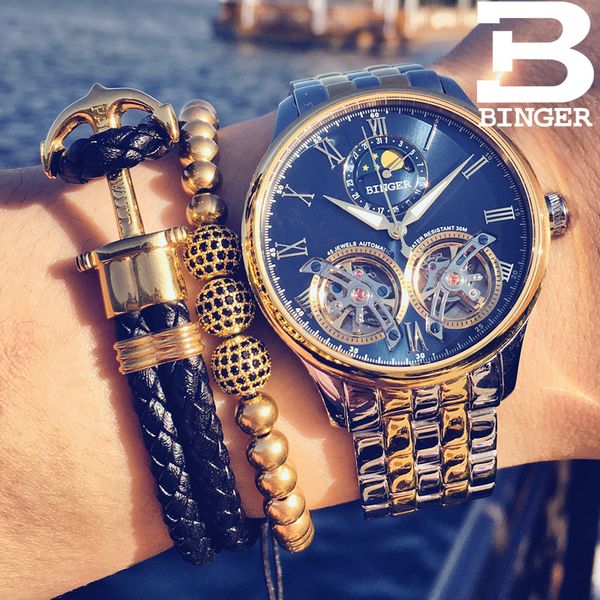 

switzerland binger moon phase automatic watch men double mens skeleton mechanical watches men brand relogio, Slivery;brown