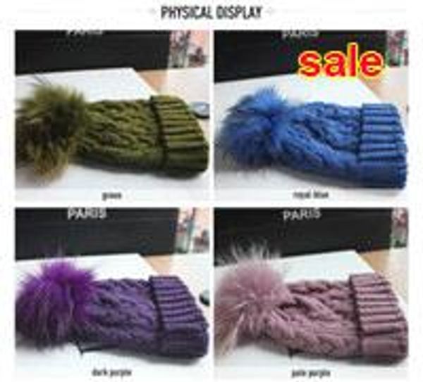 

wholesale-newly stylish multi colors hat in winter for women warm apparel accessories skullies beanies with 100% real fur pom poms, Blue;gray