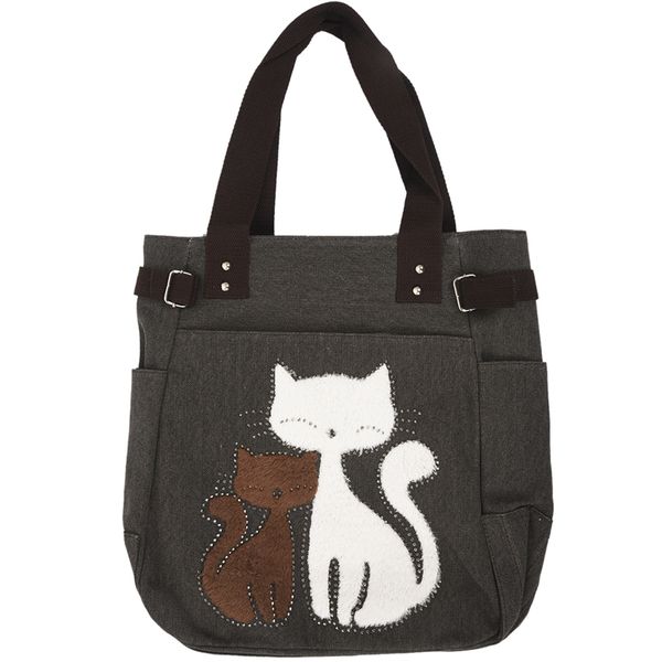 

ljl-women's messenger handbag canvas bag with cute cat small shopping shoulder bag dark coffee