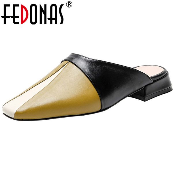 

fedonas women cow genuine leather thick heels pumps buckle concise sandals flat slippers mules classic summer sweet shoes woman, Black