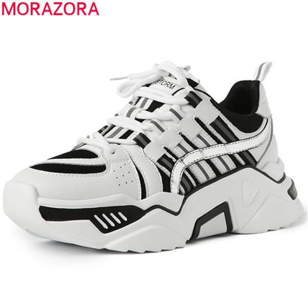

morazora 2020 genuine leather shoes women sneakers lace up round toe mesh light breathable casual flat shoes woman, Black
