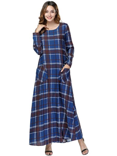 

elegant print plaid maxi dress long sleeve abaya kimono urban long robe gowns loose muslim jubah ramadan islamic clothing, Red