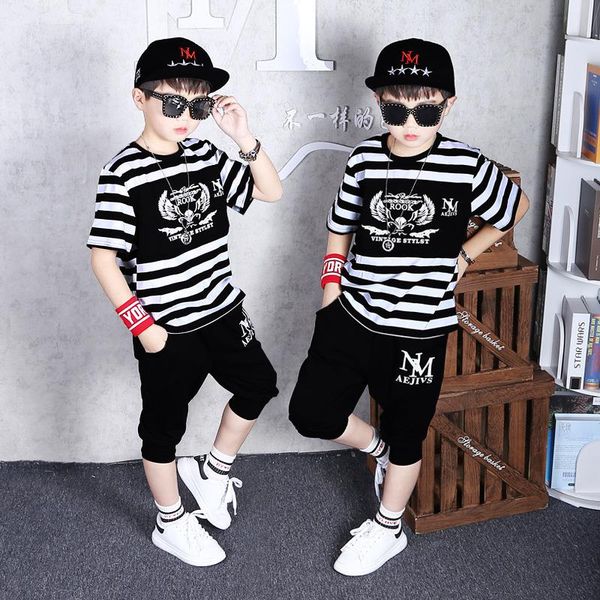 

children's clothing new summer hip-hop performance clothes kid's round neck shirt boy fashion casual t-shirt shorts sweatshirt sui, White