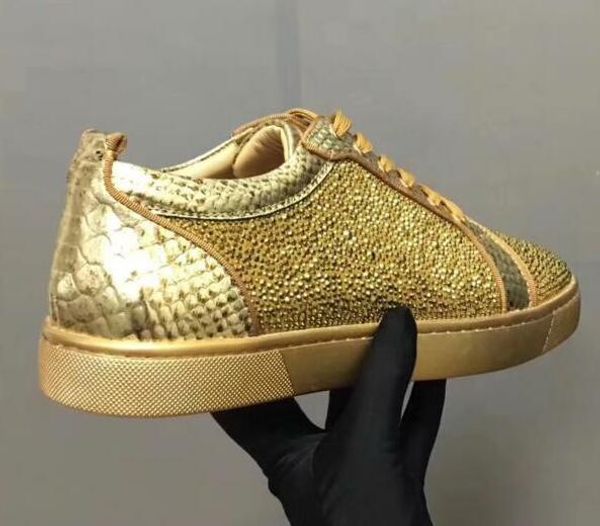 

gold crystal wholesale men and women shoes red bottom sole sneakers party wedding shoes genuine leather low size:35-47, Black