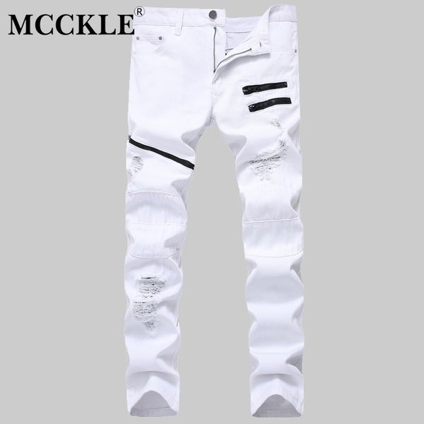 

mcckle 2019 red white ripped denim pant hole zipper biker jeans men slim skinny destroyed torn jean pants cotton jeans, Blue