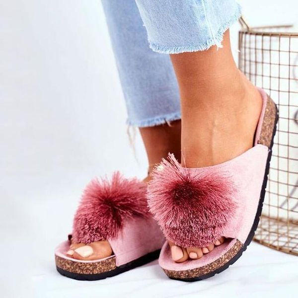 

women summer beach sandals flats shoes woman open toe soft cork slippers slides faux fur sandalias mujer sapato feminino d847, Black