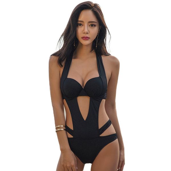 

women's swimwear siamese new 2019 black triangle bikini one-piece gathered swimsuit female monokini bikini wholesale, White;black