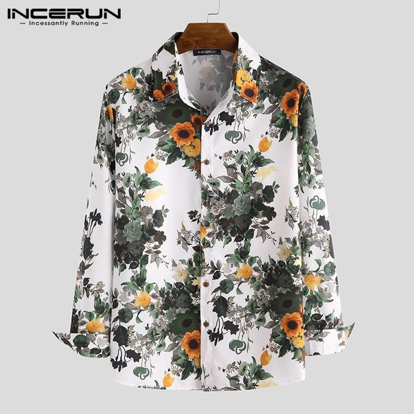 

incerun fashion men shirt floral print lapel long sleeve fitness streetwear camisa 2019 brand hawaiian casual dress shirts men 7, White;black