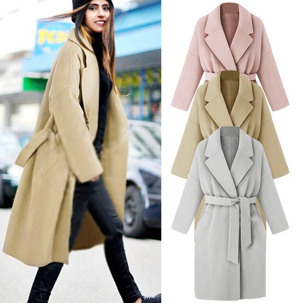 

womens winter lapel wool coat trench jacket long overcoat outwear sashes turn down collar midi long cardigan coat, Black
