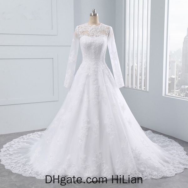 Bianchi Iovry manica lunga cerniera Appliques del merletto vestito stile di illusione da sposa per abiti da ballo bella sposa vestito da occasione formale