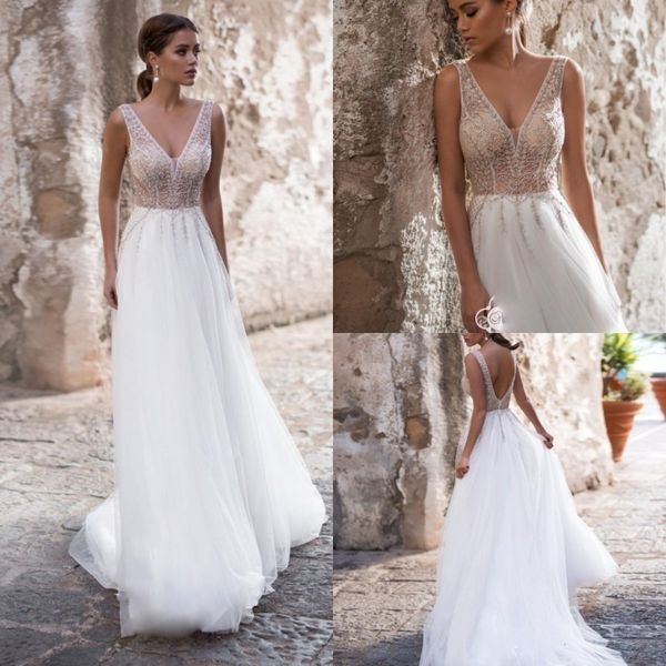 

summer beach 2019 a line wedding dresses lace beaded v neck chiffon skirts backless bridal gowns sweep train boho wedding dress, White