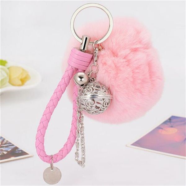 

cute plush pompom keychain for women round ball pom pom faux fur key chain trinket car bag bell key ring gift, Silver
