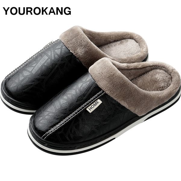 Men Winter Slippers Women Fashion Leather Warm Plush Home