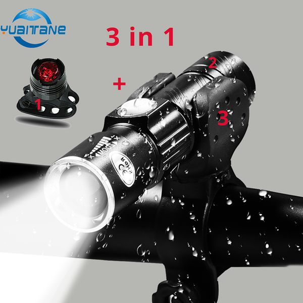 

3in1 8000 lumen bike bicycle light set usb rechargeable led waterproof super bright zoom headlight rear light mtb bike